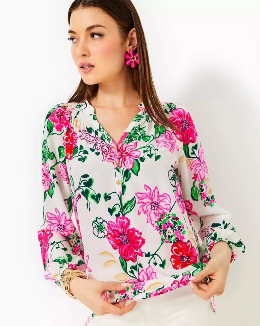 Lilly Pulitzer Elsa Floral Print Long Sleeve V-Neck Silk Blouse Top Pink Women S